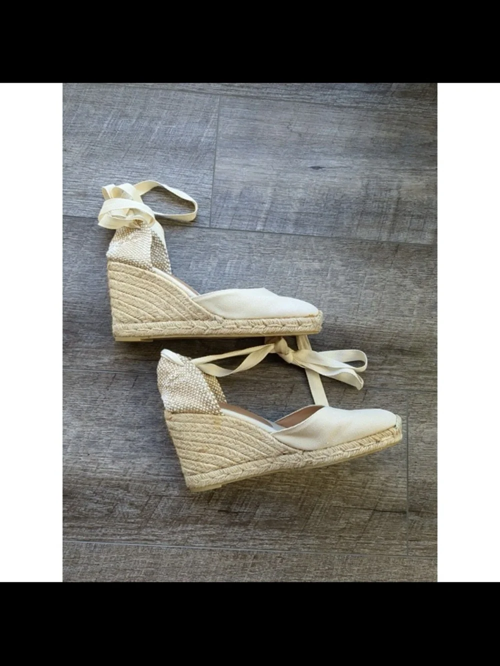 Castañer Carina Sz 8/38 Linen Ankle Tie Espadrille Wedge Heel Wrap Strap Sandals